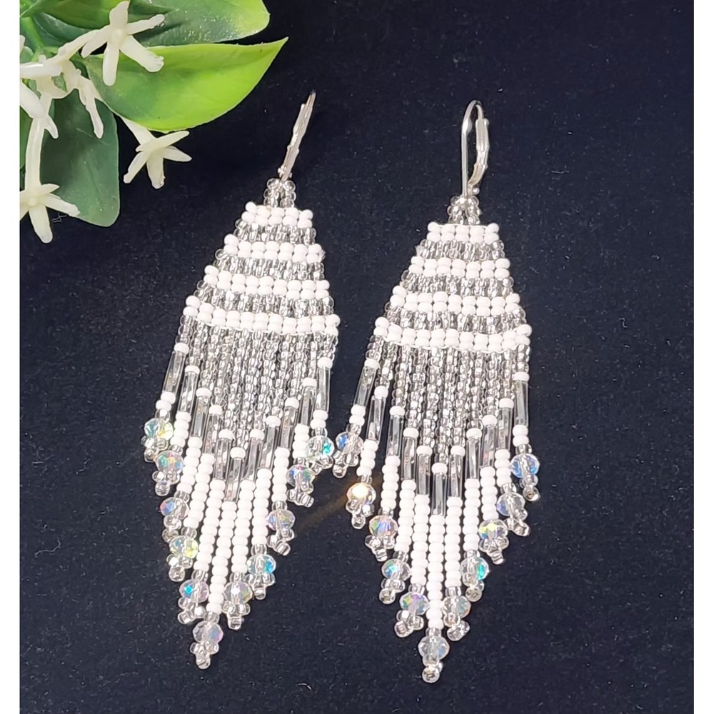 Elegant Brighton White Crystal Beads Earrings with Delicate Desi  . Leght 3.5 In